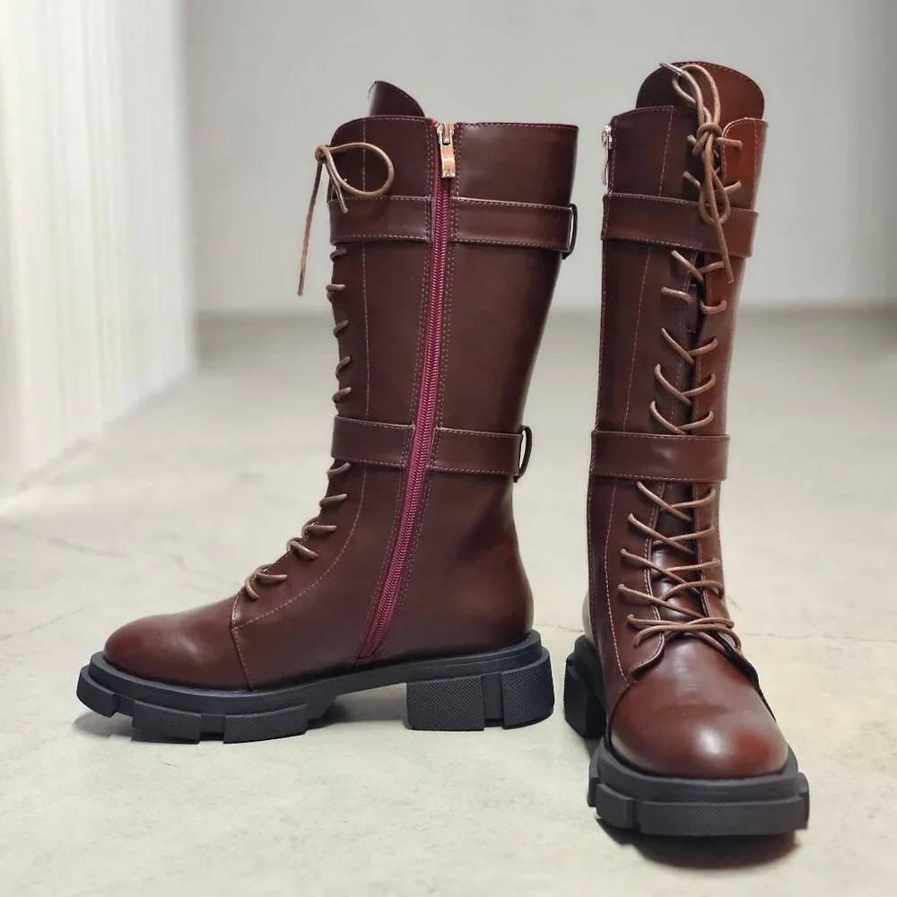 Lace-Up Wine Combat Boots With Detachable Utility Pouches & Side Zippers For Wom - Picture 7 of 12